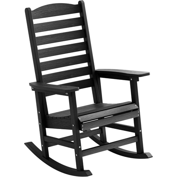 YEFU Outdoor Rocking Chair with Curved Backrest, Poly Porch Rocker, Weather Resistance Patio Rocking Chair,Like Real Wood,for Indoor,Lawn, Backyard,Garden,Heavy Duty, Weight Capacity 380lbs(Black)