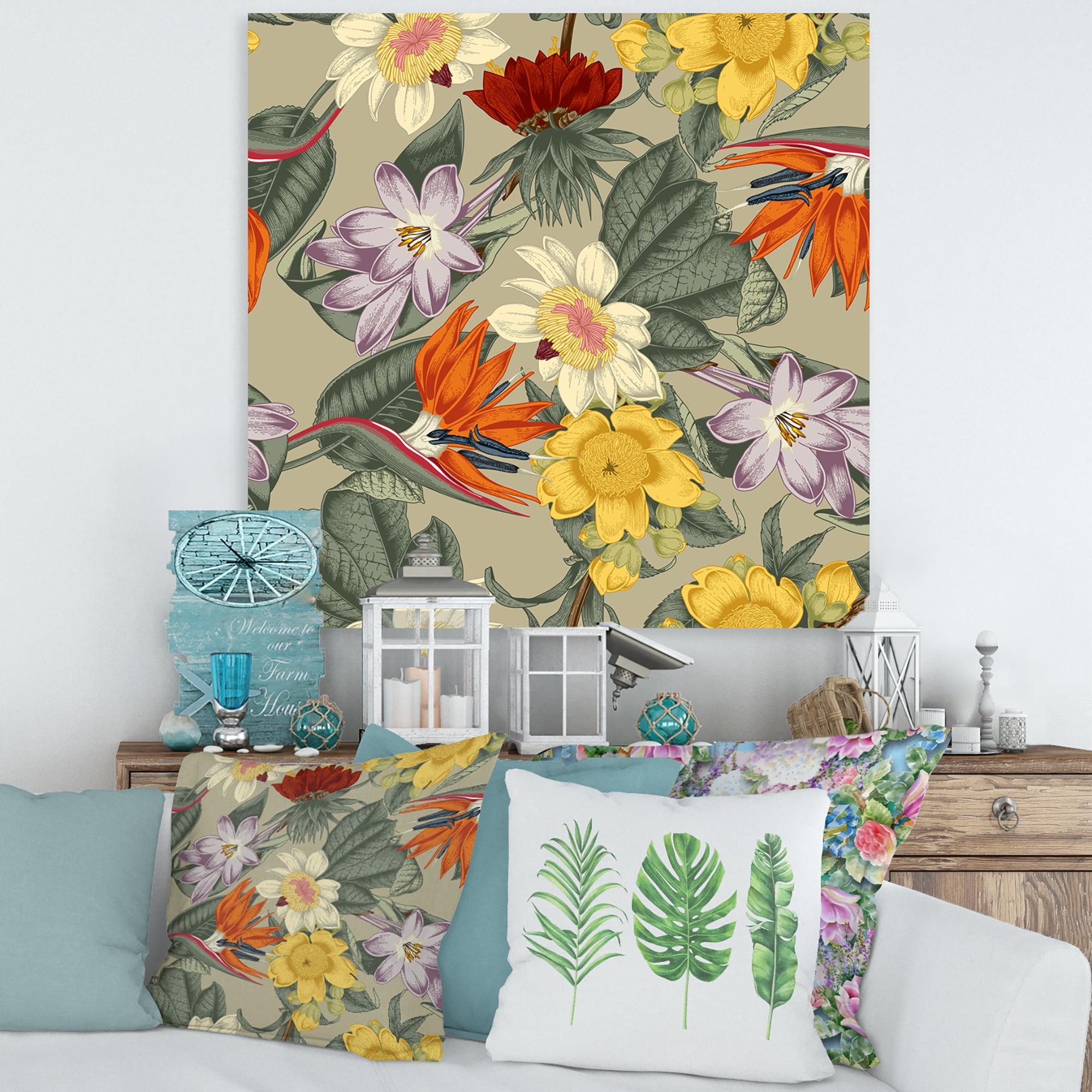 Designart ' Ancient Exotic Flowers In Orange and Yellow ' Traditional Canvas Wall Art Print
