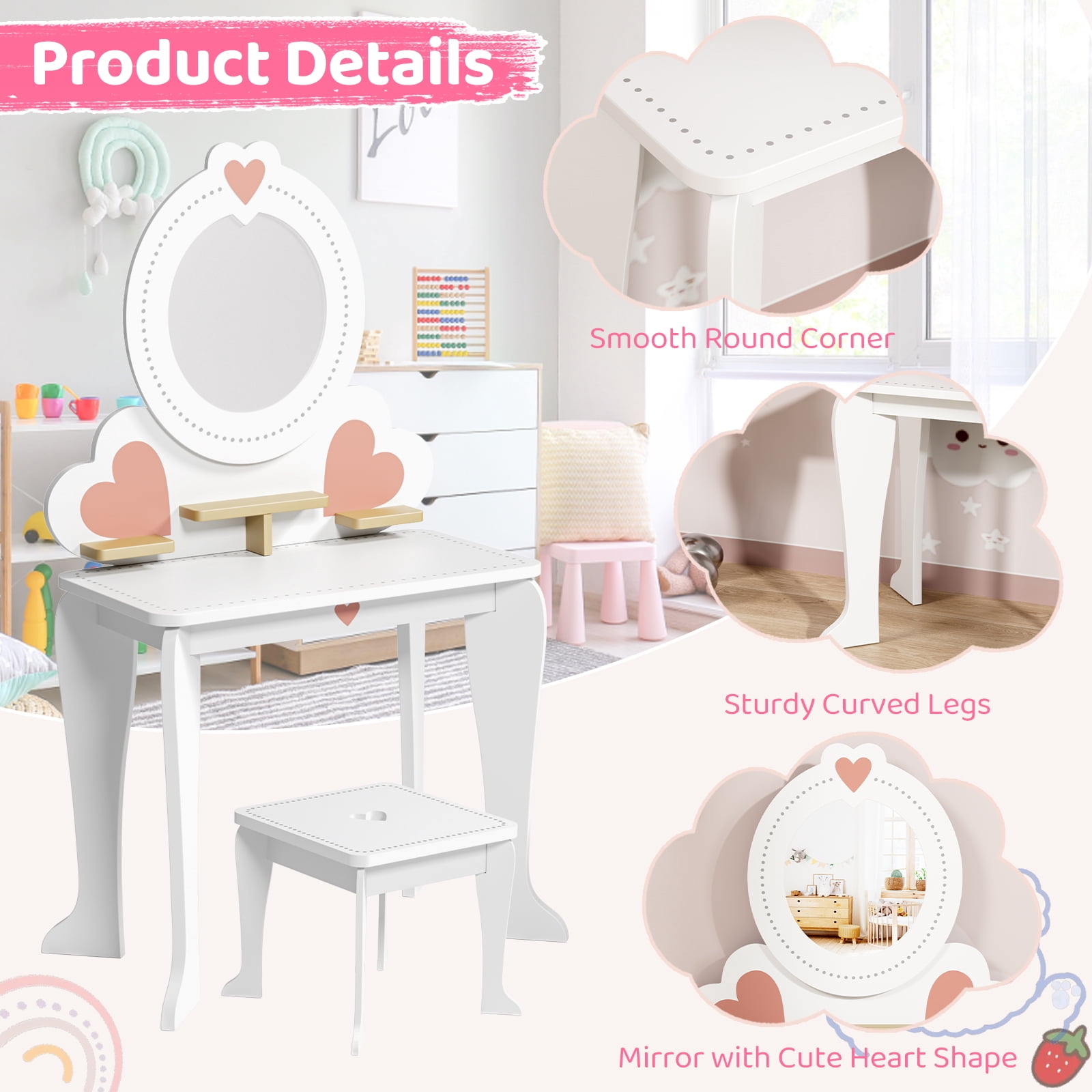 Pirecart Kids Vanity Table and Chair, Makeup Dressing Set with Round Mirrors and 8 Pcs Pretend Play Accessories, White