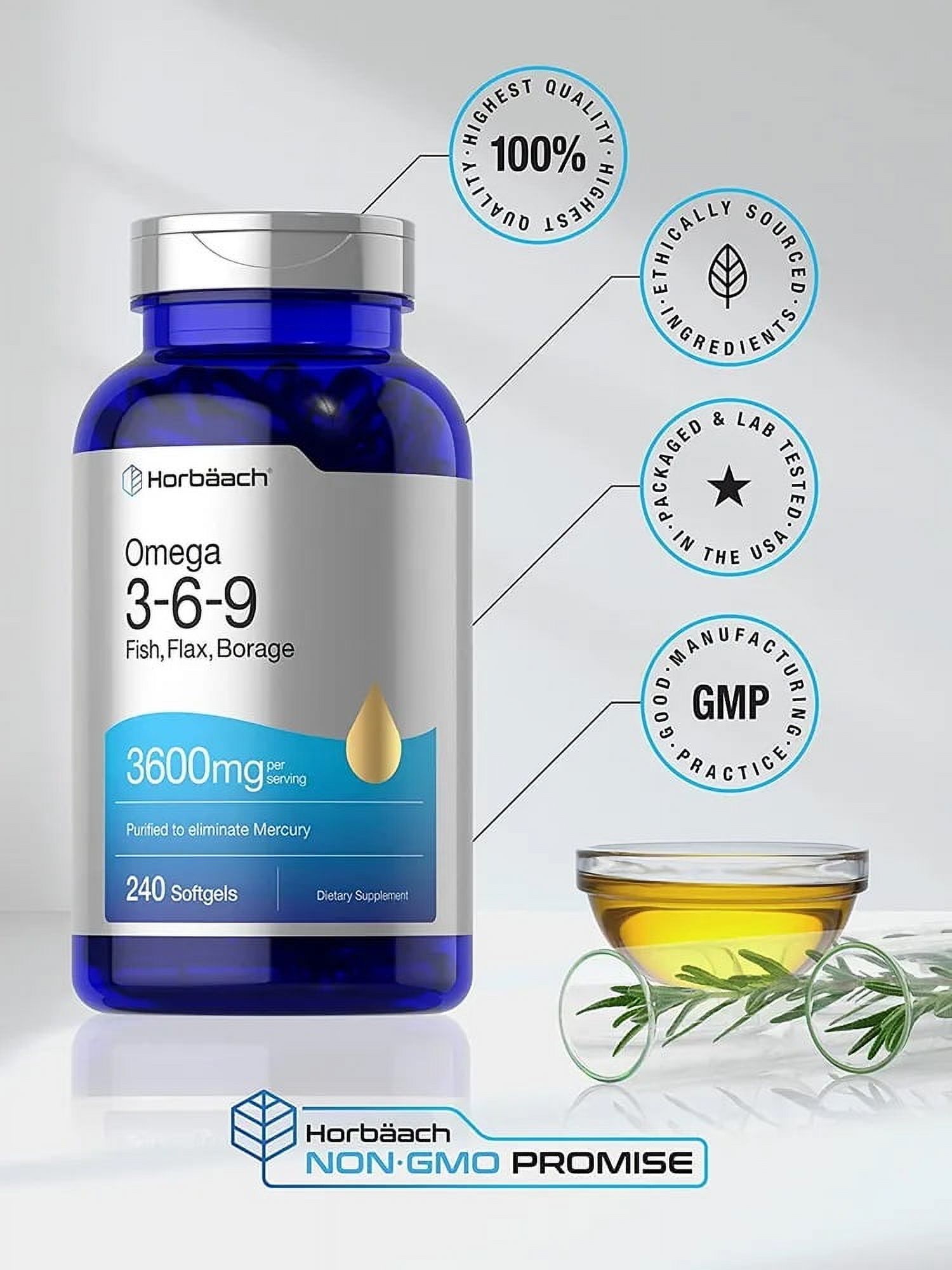 Triple Omega 3-6-9 240 Softgels | From Fish, Flaxseed, Borage Oils | Non-GMO & Gluten Free | By Horbaach
