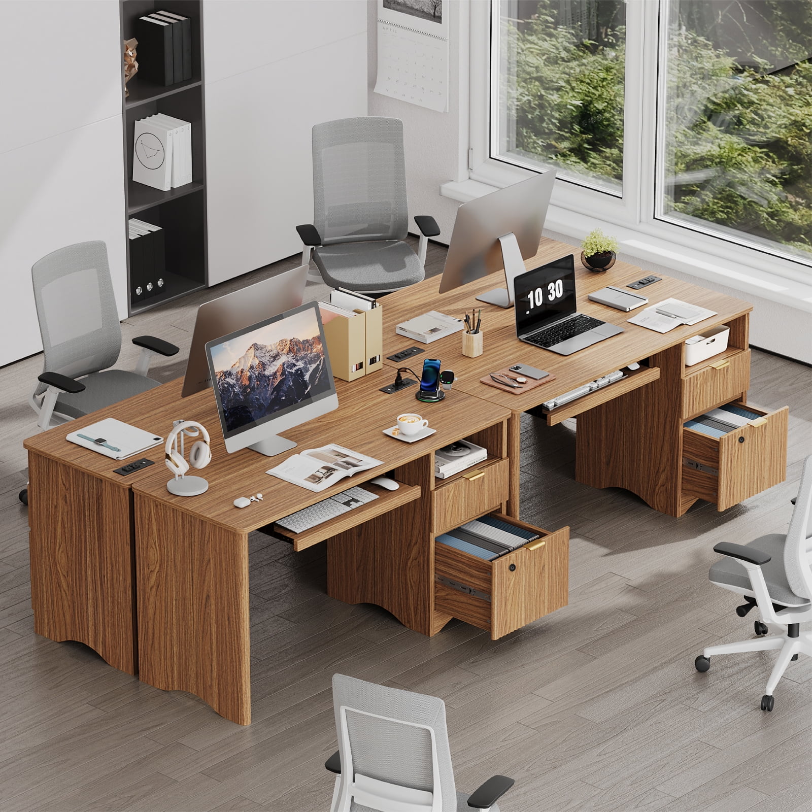 Bestier 55" Home Office Desk with Smart Fingerprint Cabinet Lock, Writing Computer Desk with Power Outlets, Keyboard Tray and Storage Drawers, Brown