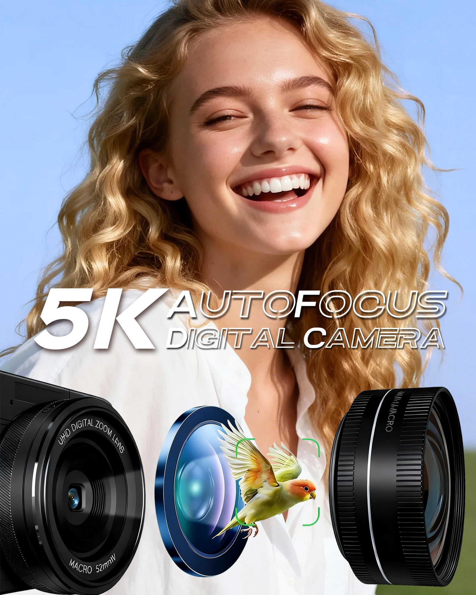5K Vlogging Camera with WiFi 64MP 5K Digital Camera for Photography Vlog Camera with Flip Screen Video Camera for YouTube with wide-angle and macro lens,Batteries