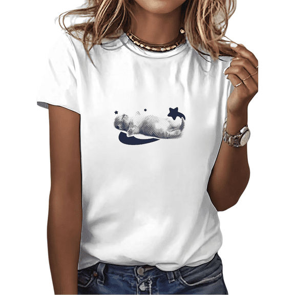White Floating Cat With Stars Halftone Vintage Graphic Tees Print Tshirt Shirts Whimsical Cat Lover Tops S-5XL