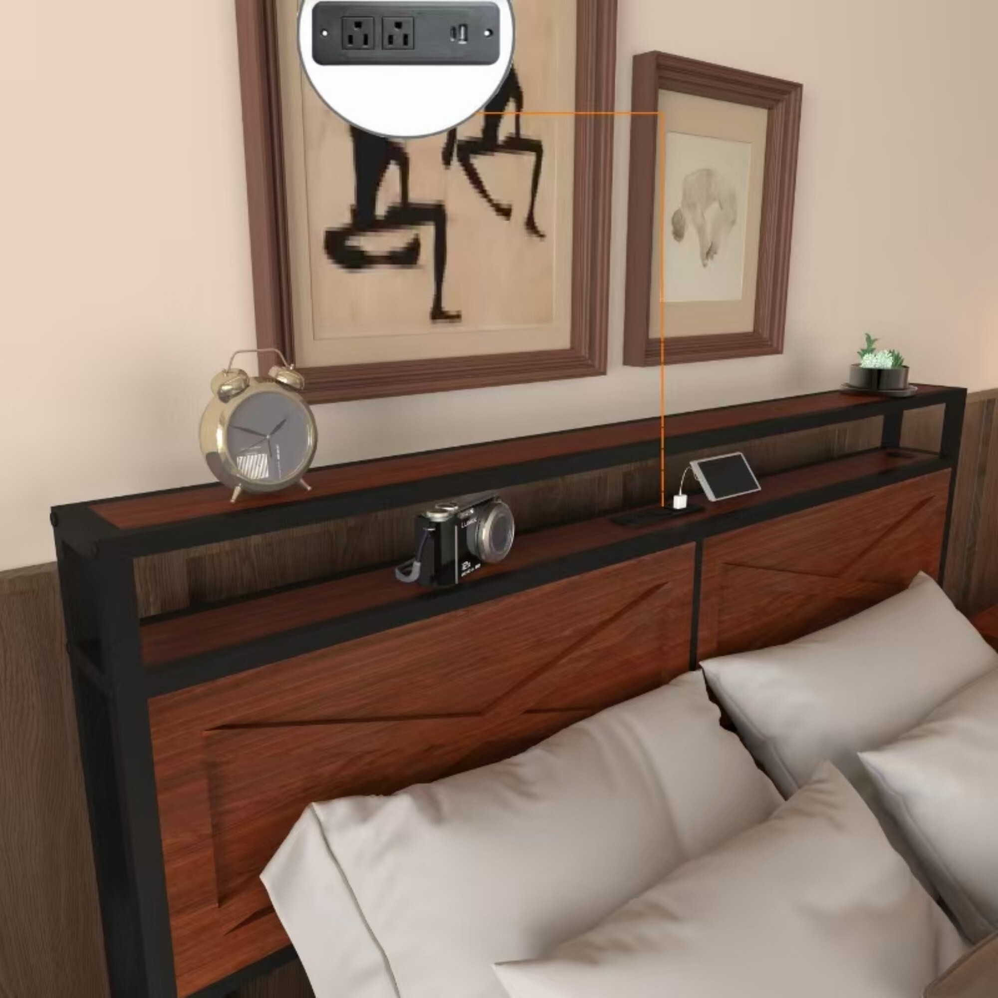 AENKYO Queen Size Bed Frame with LED Lights, Storage Headboard & 6 Drawers, Built-in Charging Station, Red