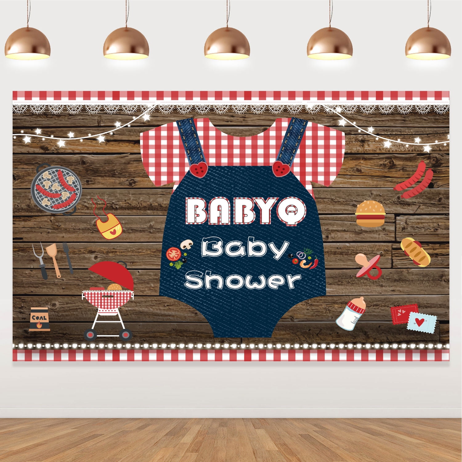 BBQ Theme Party Backdrop Rustic Wooden Board White and Red Lattice