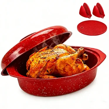 13-Inch Oval Roaster with Lid, Enameled Steel, 7 LB Poultry Capacity, 932°F Heat Resistant, Dishwasher Safe, Red
