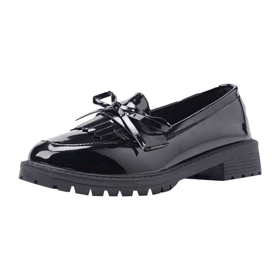 Women's Fringe Patent Leather Loafers Slip On Chunky Platform Casual Dress Shoes Cute Bowknot Mary Jane Shoes Black Size 9.5