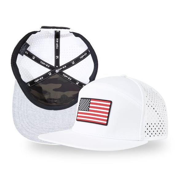 TOP-EX Golf Lifestyle Flat Bill Snapback Hat, Waterproof TriProof Polyester, White with Flag, XL/XXL