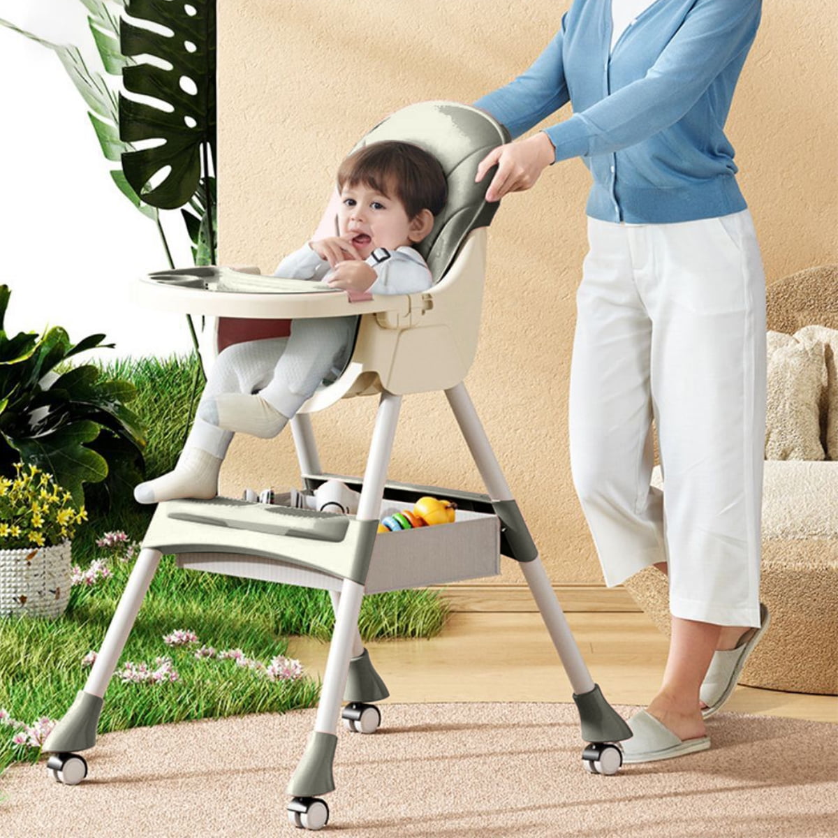 FACNOATIHN Baby High Chair, 4-in-1 Foldable Highchair Dining Feeding Chair with Five-Point Harness Double Dining Plate & Toy Rack, Infant to Toddler, Gray