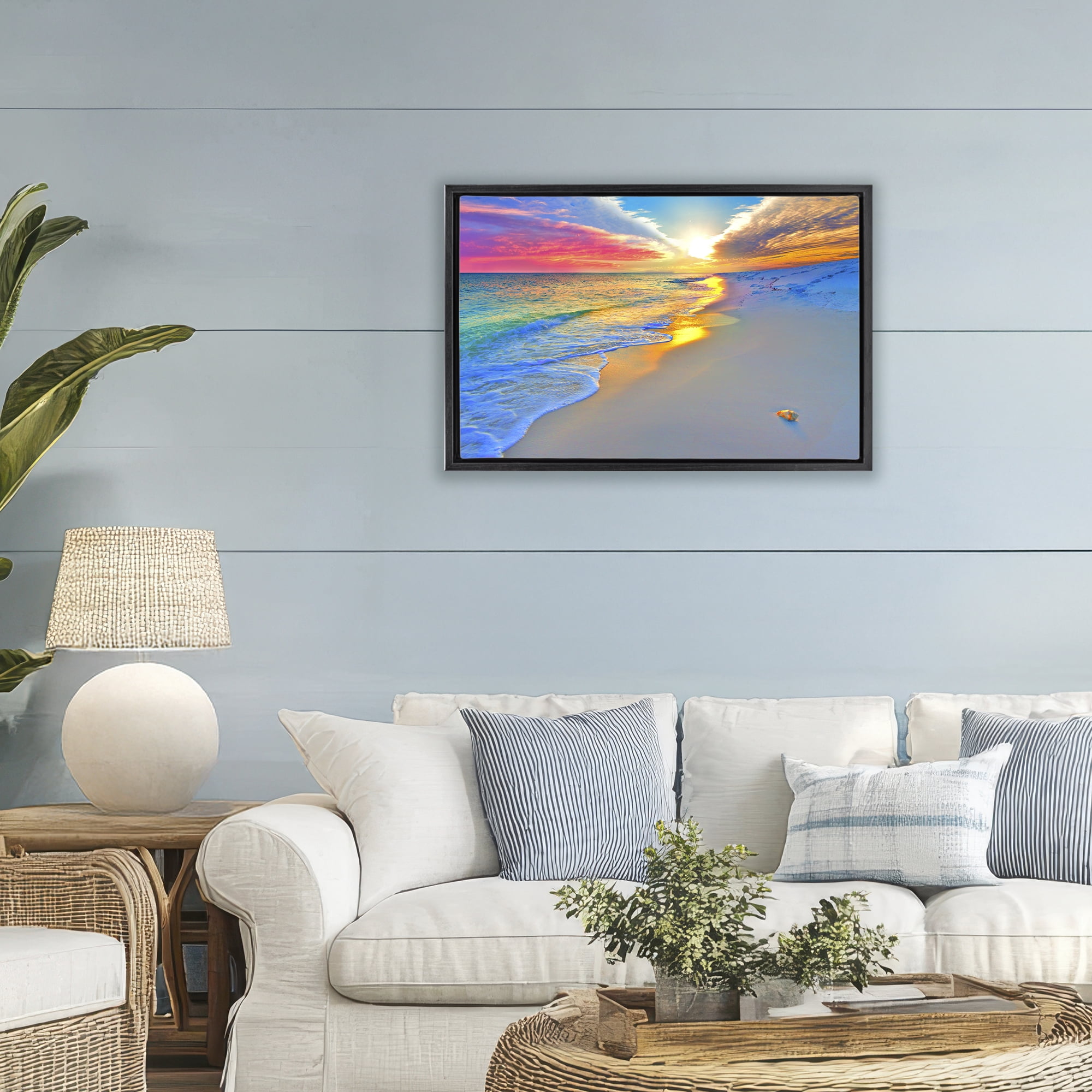 Stupell Industries Prismatic Rainbow Sunset Beach Black Framed Floater Canvas Wall Art, design by Eszra Tanner