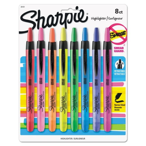 New Sharpie Retractable Highlighters, Chisel Tip, Assorted Colors, 8/Set,Each