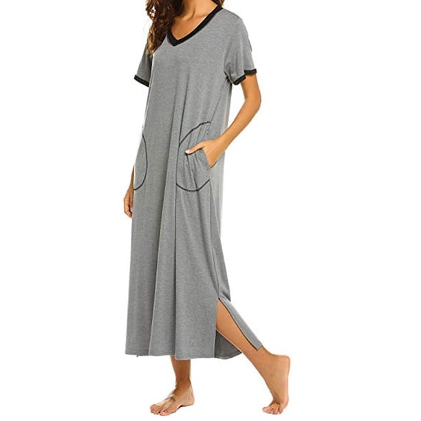 Camisones largos qucoqpe para mujer, de algodón, liso, con cuello en V, manga corta, ropa de dormir suave para mujer con bolsillos en liquidación