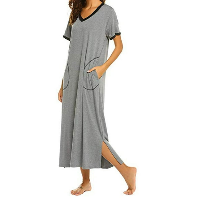 Camisones largos qucoqpe para mujer, de algodón, liso, con cuello en V, manga corta, ropa de dormir suave para mujer con bolsillos en liquidación