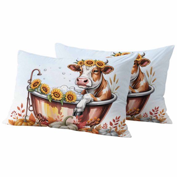 Funny Cow Fall Outdoor Waterproof Pillow Covers, Thanksgiving Pumpkin Bathtub Auqa Gradient Decorative Rectangle Throw Pillowcase Sofa Cushion Sham for Patio/Couch/Chair, 20"x12" 2 Pack