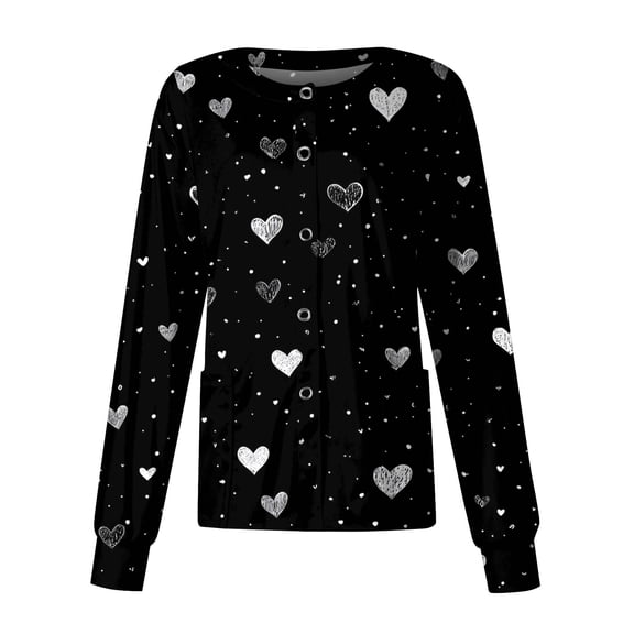 Valentine's Day Scrub Jacket for Women - Long Sleeve Heart Print Button Down Nursing Uniform Top with Pockets Black 4XL