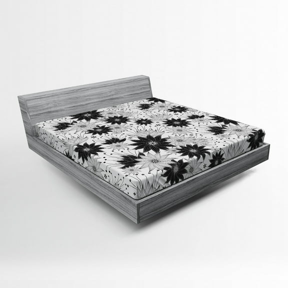 Ambesonne Vintage Fitted Sheet, Flowers Bridal Floral, Queen Size, White Black