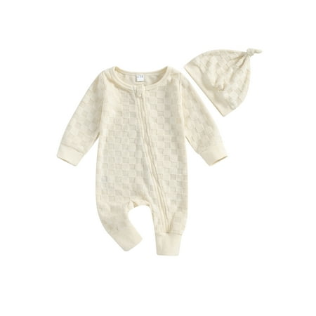 

Mioliknya Baby Fall Romper Plaid Jacquard Zipper Long Sleeve Jumpsuit with Hat
