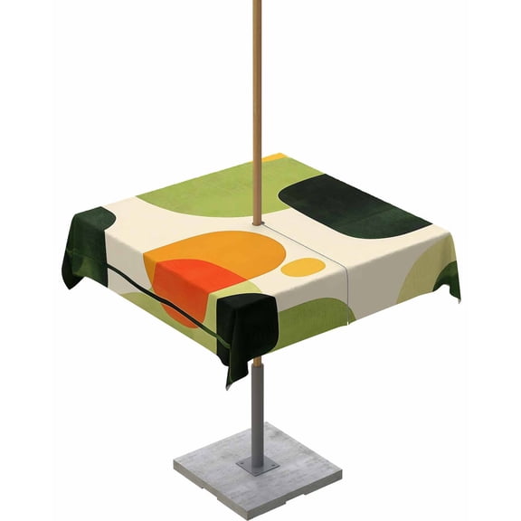 Outdoor Tablecloth with Umbrella Hole & Zipper, Abstract Geometric Square Tablecloth 60x60 Inch, Green Vintage Art Aesthetic Patio Table Cover Waterproof Table Cloth for Picnic/Party
