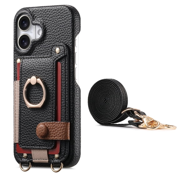 For iPhone 16 Phone Case,With 360° Rotatable Ring Kickstand,Detachable Long Shoulder Strap,Card Slots,Shockproof Anti-fall PU Leather Anti-Scratch Back,Durable Wallet Phone Case,Black