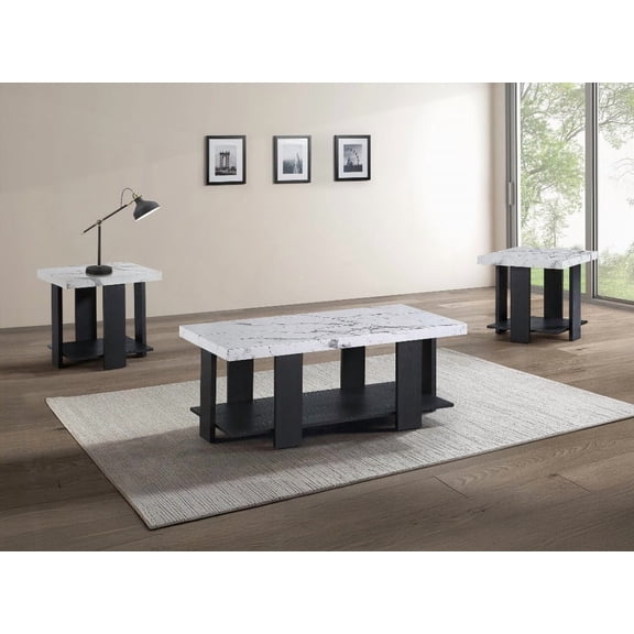 Gray 3-Piece Cocktail Set with White Faux Marble Table Tops - Modern Living Room Furniture