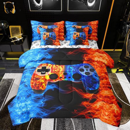 Castle Fairy Abstract Game Controller Boy Girl Bedding Comforter Set 7pcs Gradient Teens Game Gamepads Queen Bedding Sets Super Cozy Blue Orange Red Ombre Queen Sheet Sets Ultra Soft Home Decor