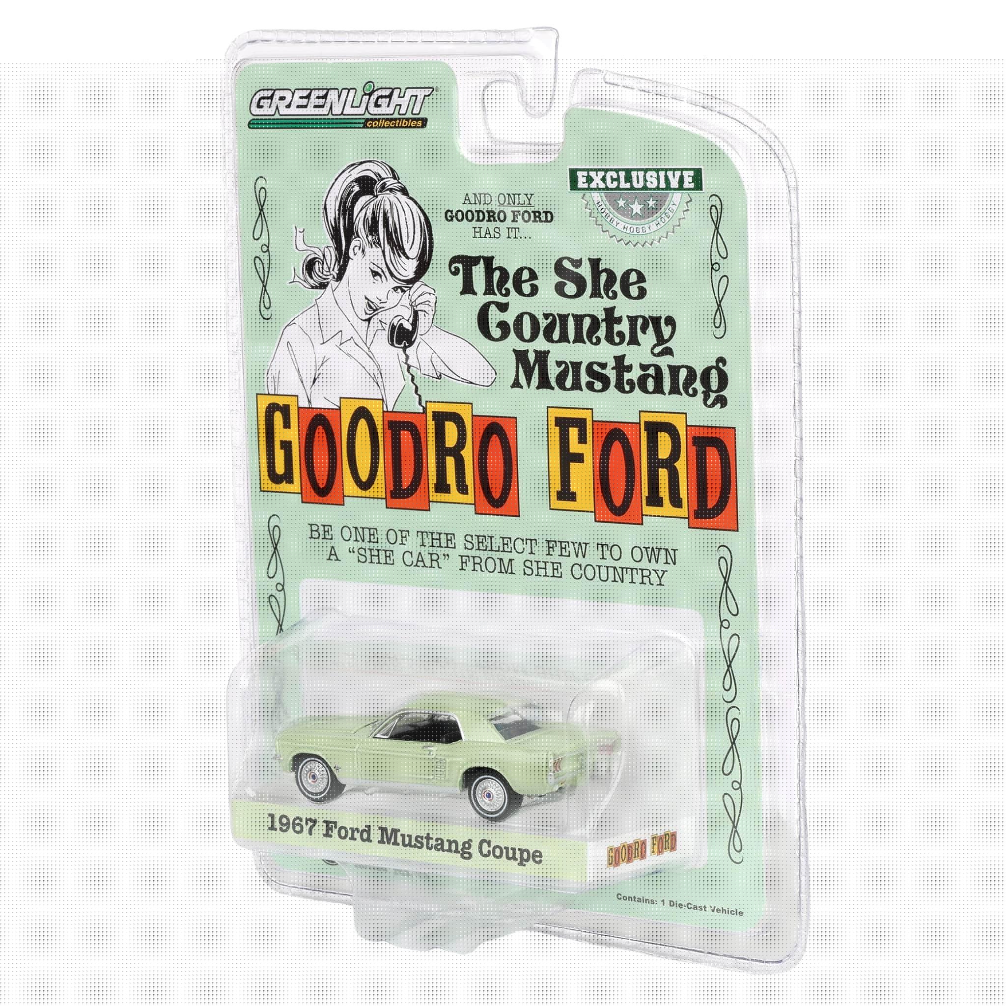 thumbnail image 3 of GreenLight 1/64 1967 Ford Mustang Coupe "She Country Special", Bill Goodro Ford, Denver, Colorado, Limelite Green, Hobby Exclusive 30353, 3 of 4