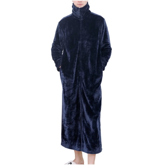 Mens Fleece house coat long Robe fuzzy Flannel Zip Front stand collar Bathrobe with Pockets Soft Warm winter loungewear Navy XXL