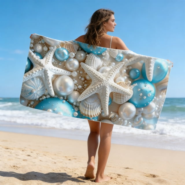 Amzcrzy Polyester Ocean Elements Beach Towel Oceans-Themed Beach Towel Starfishs Seashells and Sea Turtle Fast-Drying Absorbent Bath Towel Microfiber Beach Towel Non-Functional Blankets