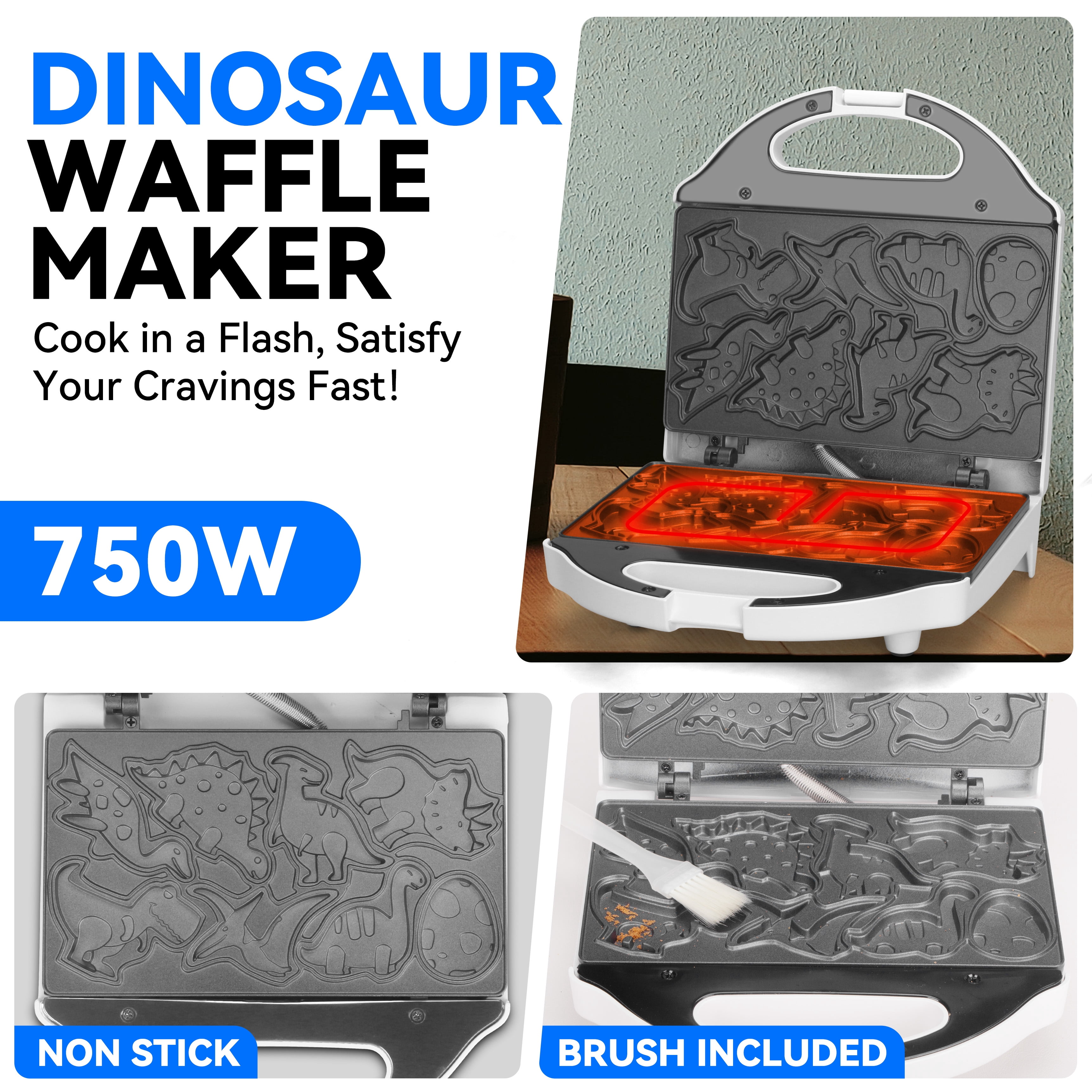 Mailand Dinosaur Mini Waffle Maker for Kids, 8-Shaped Dino Waffle Maker, Electric Non-Stick Waffle Iron, White