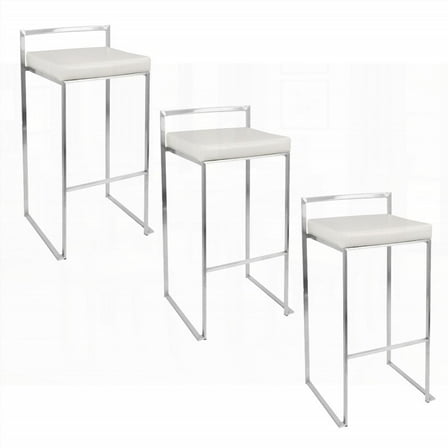 Set of 3 Contemporary Stainless Steel Barstools with White Faux Leather by LumiSource - Stackable & Comfortable