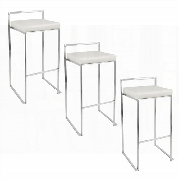 Set of 3 Contemporary Stainless Steel Barstools with White Faux Leather by LumiSource - Stackable & Comfortable