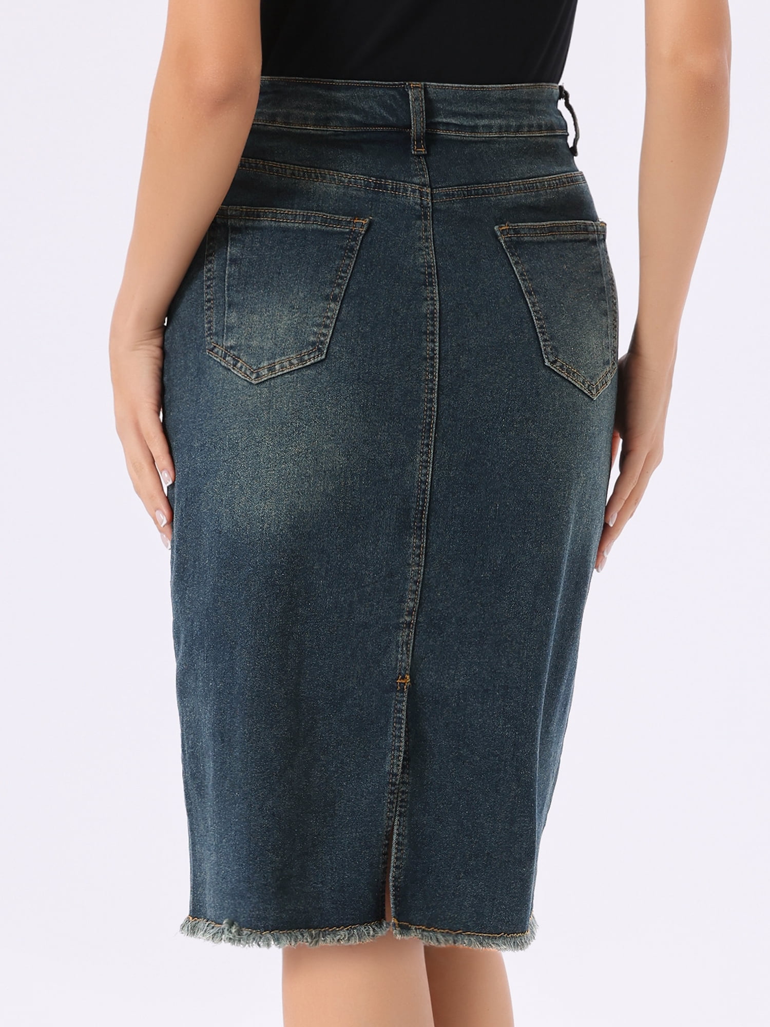 DARING DIVA Women's Back Slit Raw Hem Stretch High Waist Denim Skirt S Dark Gray Blue