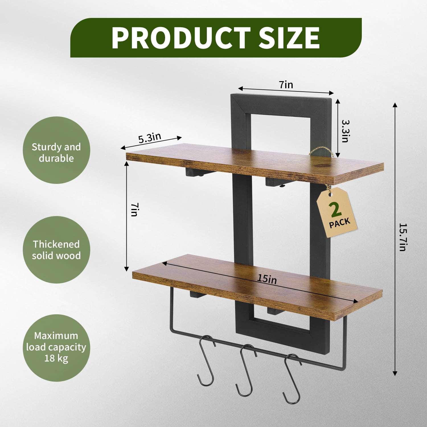 2-Tier Wood Floating Shelves Wall Mounted, Rustic Brown Decorative Storage Shelves for Bathroom Bedroom Living Room Kitchen, 2 Pack