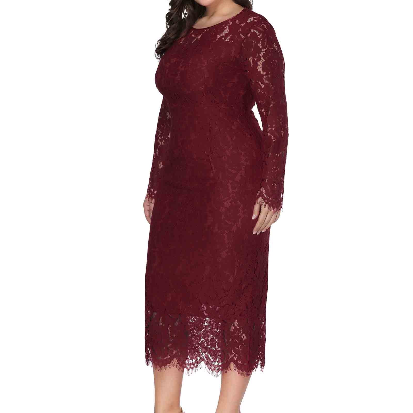 SCSAlgin Evening Dress for Women Lace Long Sleeve Plus Size Dress Solid Color Slim Fit Hollow Out Midi Dresses