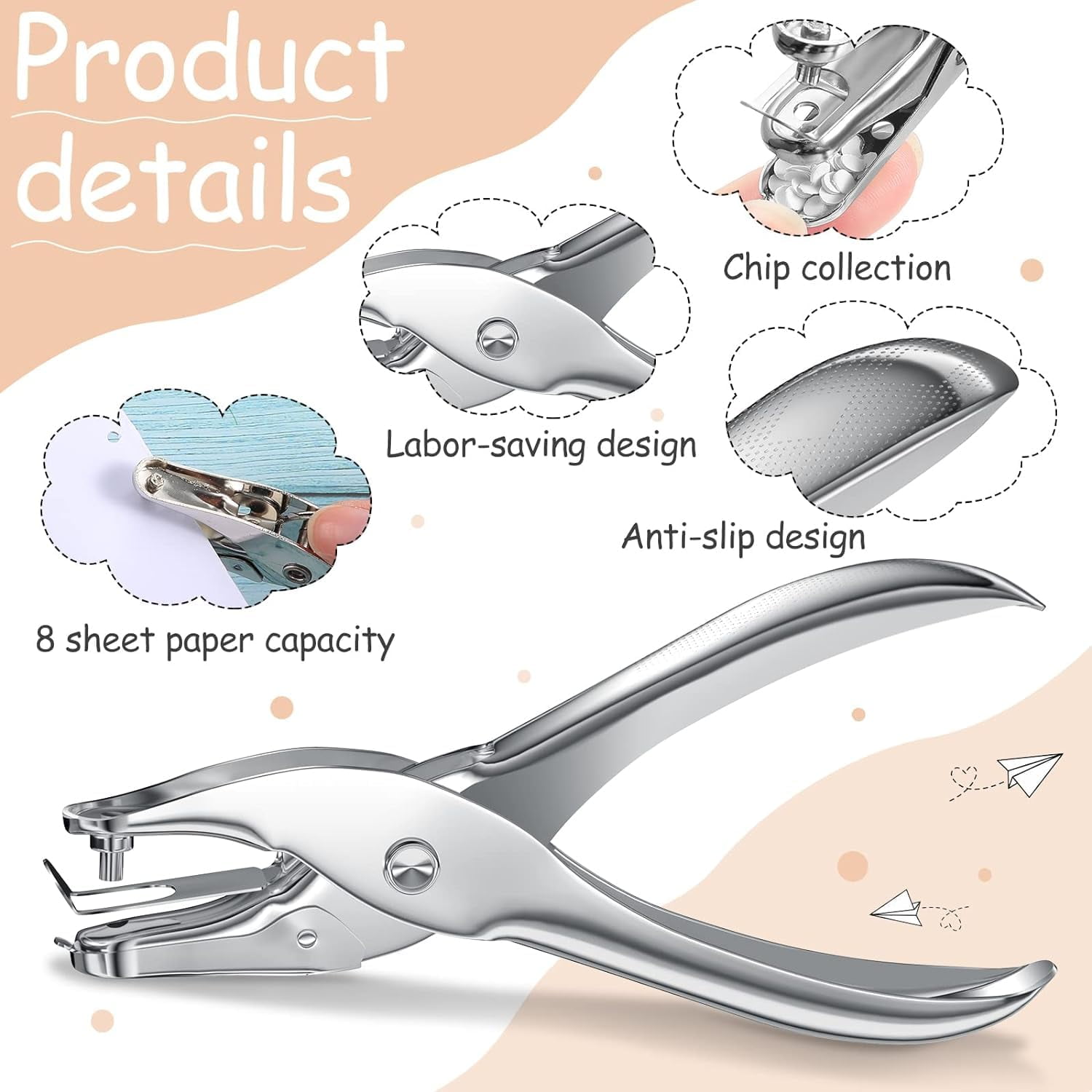 100 Pack of Bulk Wholesale ¼ Inch Size Round Hole Punchers with 6 to 8 Paper Sheet Capacity for Students, Teachers, Administrators, Schools, Classrooms and Offices in Silver