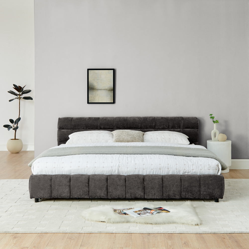 Hassch King Size Storage Bed with 4 Drawers, Chenille Fabric Upholstered Platform Bed Frame with Wood Slats Support, No Box Spring Needed, Dark Gray