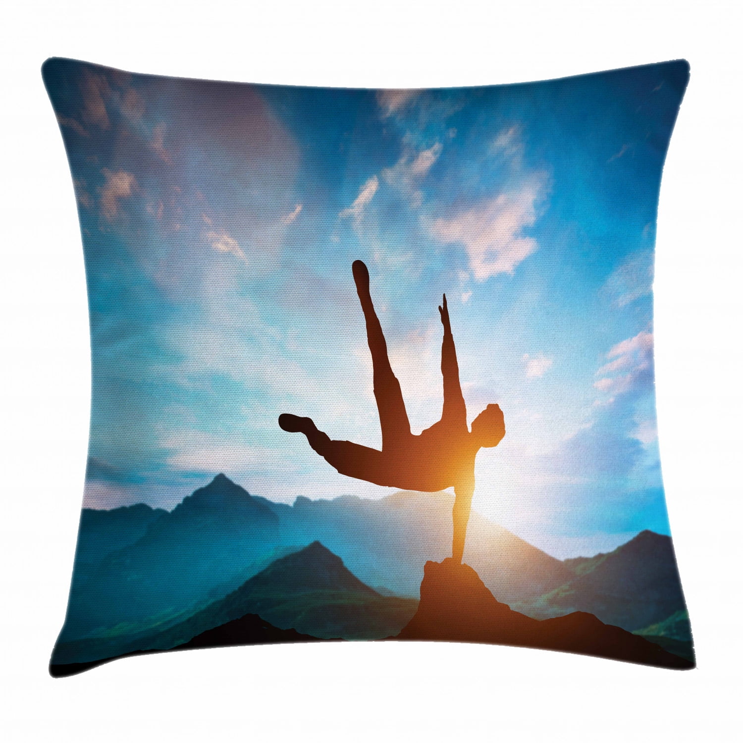 Mountain Throw Pillow Cushion Cover, Man Jumping over Rocks Action