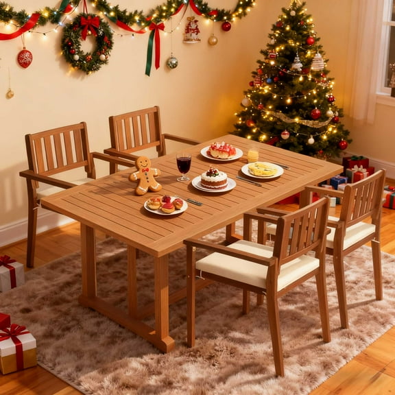 Ktaxon 4Pcs Patio Stackable Wood Chairs, Outdoor Dining Seatings with Cushion & Armrests for Backyard Garden Balcony Pool