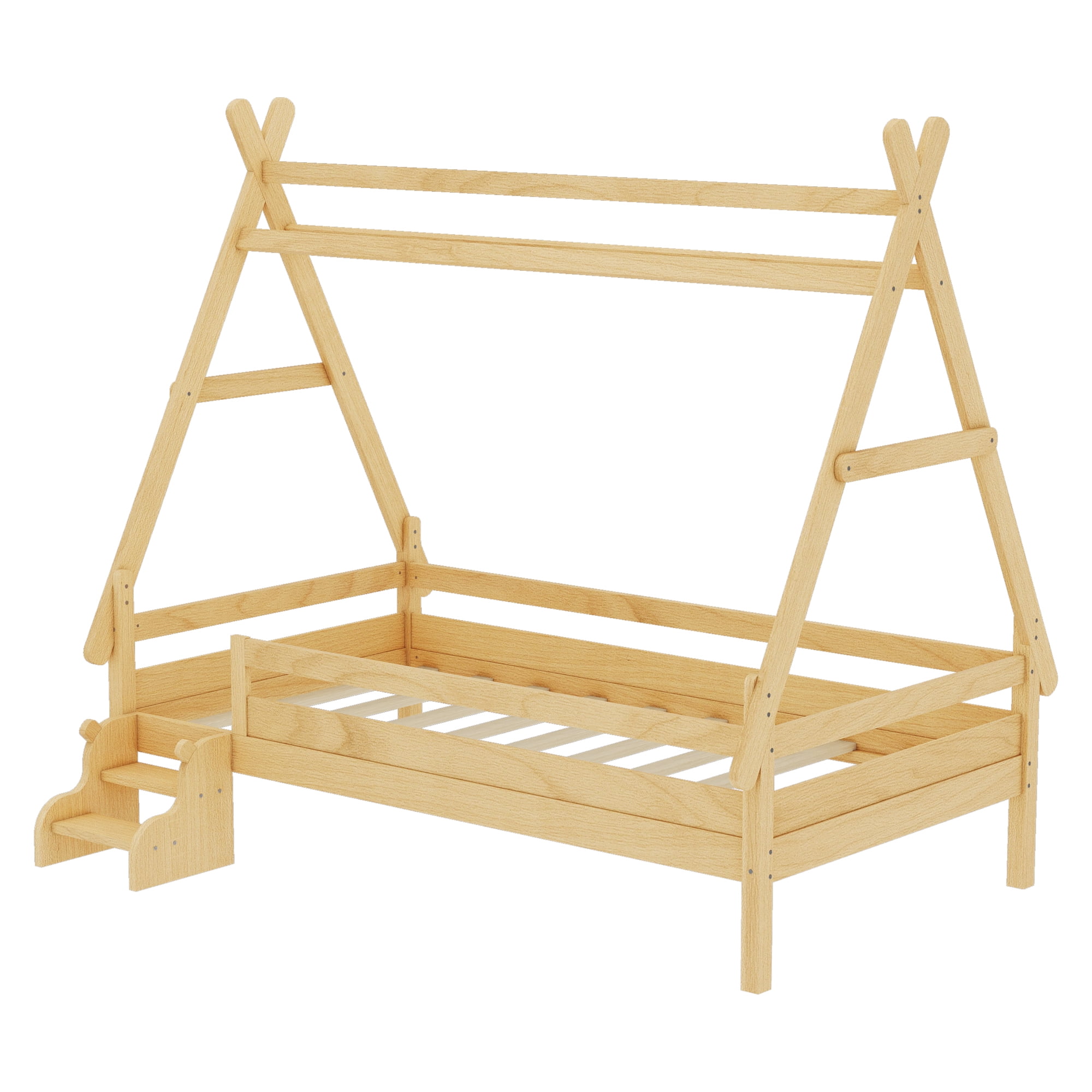 Miniyam Twin House Platform Bed with Stairs, Solid Wood Kids Bed with Low Profile Design, Natural
