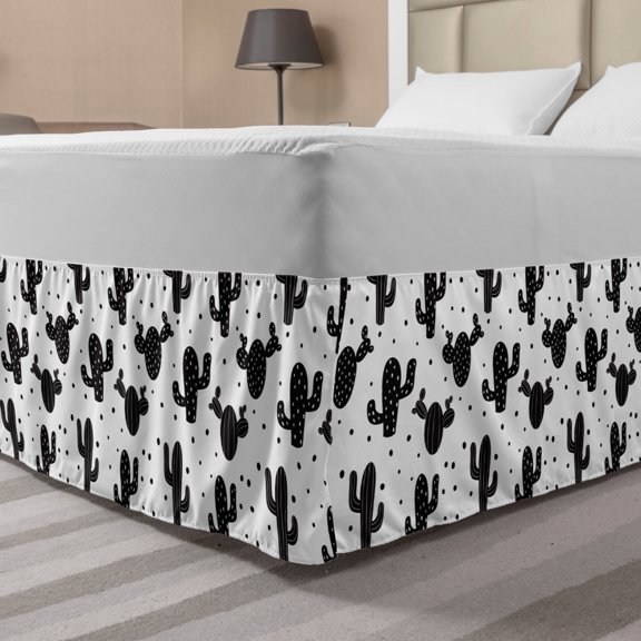 Cactus Bed Skirt, Monochrome Saguaro Succulent Botanical Continuous Pattern Plain Background, Elastic Bedskirt Dust Ruffle Wrap Around for Bedding Decor, 4 Sizes, Charcoal Grey White, by Ambesonne