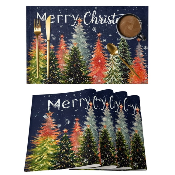 Merry Christmas Placemats Set of 6 Winter Rustic Green Orange Pine Tree Snowflake Heat Insulation Washable Place Mats, Non-Slip Table Mats for Dining Table Party Kitchen Decor, 13x19 Inch