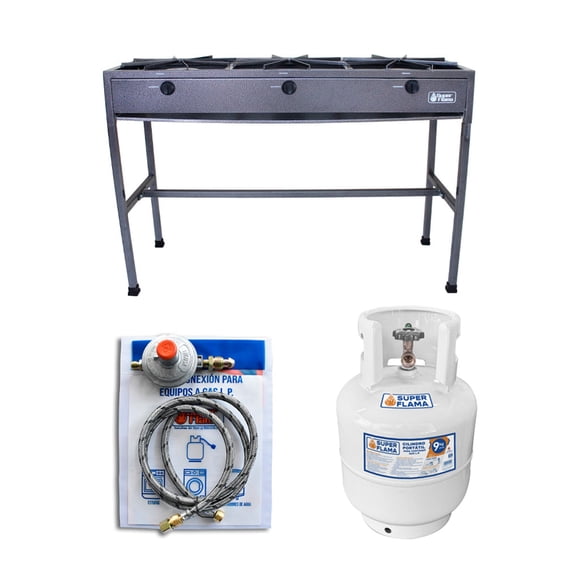 Combo Super Flama FLAMA TRIO Estufon 3 Quem kit conexión y Tanque 10 kg