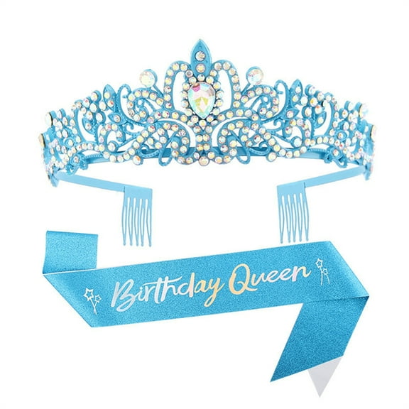 FENOHREFE 2pcs Birthday Party Crystal Rhinestones Tiaras Headband and Sash Set Fashion Hair Accessories for Women and Girls