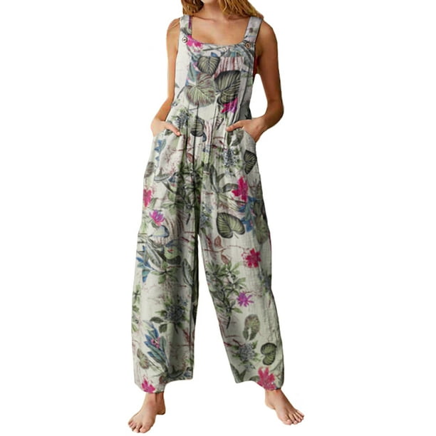 Vonda VONDA Women's Cotton Linen Floral Print Jumpsuits Wide Leg