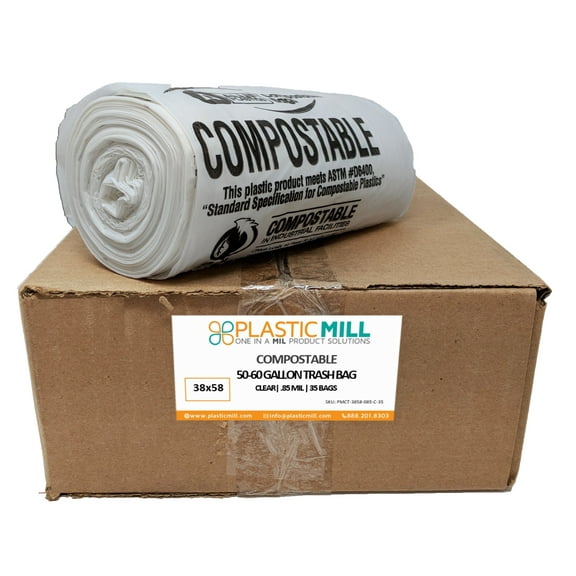 "50-60 Gallon, Compostable Clear, 0.85 MIL, 38x58, 35 Bags/Case, Garbage Bags / Trash Can Liners."