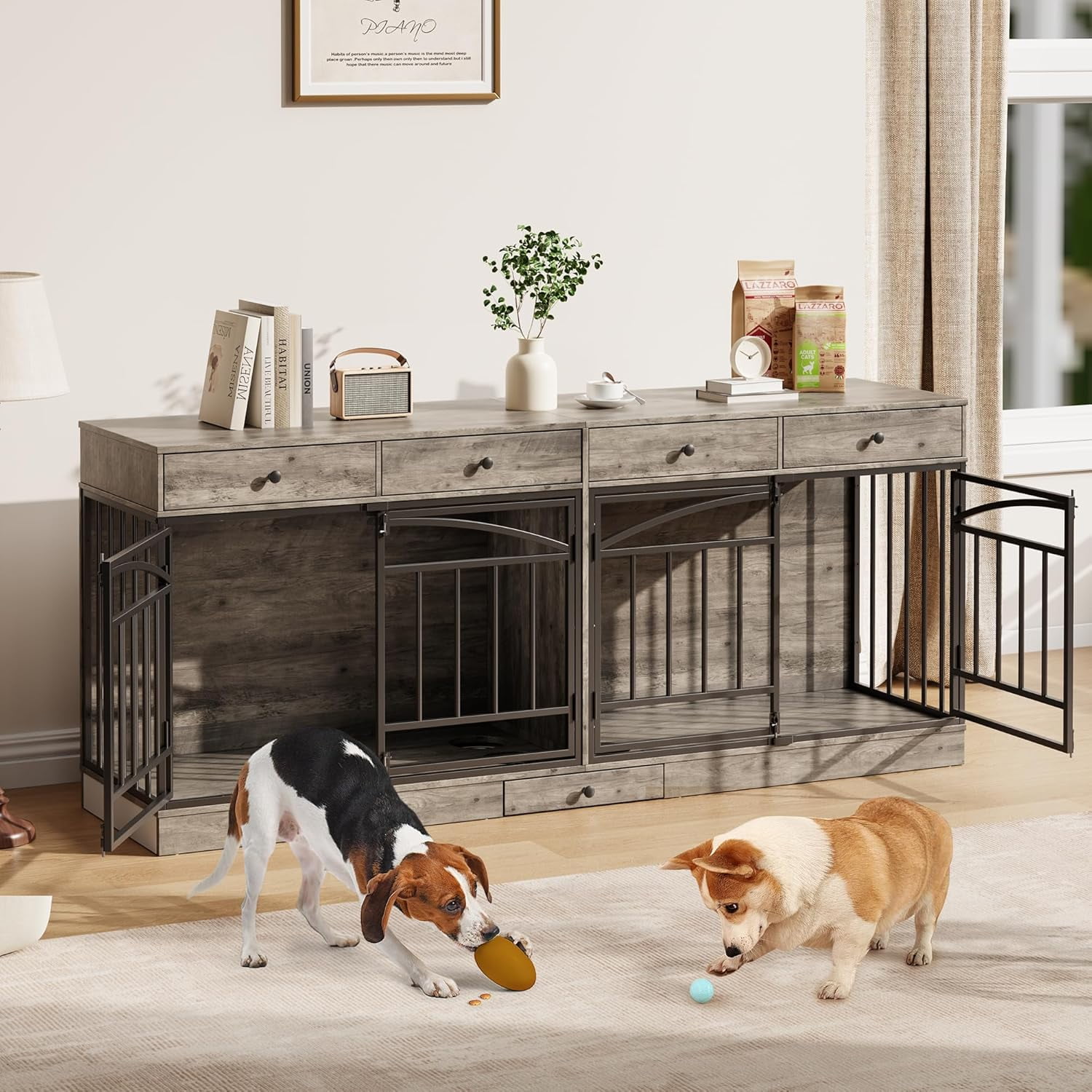 Dog Crate Furniture for 2 Dogs, Dog Kennel Indoor with 4 Storage Drawers and Feeding Bowls, Double Dog Crate TV Stand for Small Medium Dogs, Grey