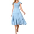 thumbnail image 2 of INSPIRE CHIC Women's Smocked Dress Casual Flutter Sleeve V Neck Summer A Line Elastic High Waist Tiered Midi Dresses S Light Blue, 2 of 6