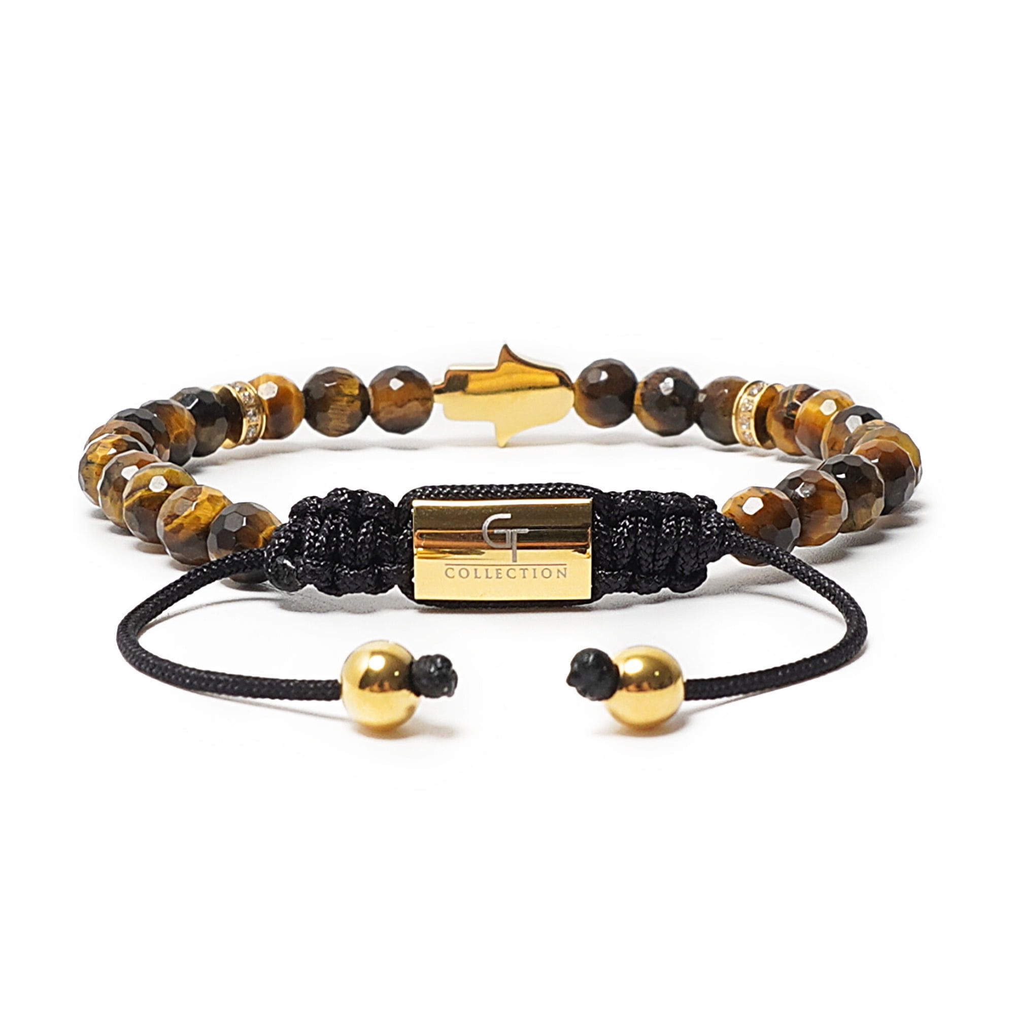 Men's TIGER EYE Bracelet with Golden HAMSA Hand | Gift for Men | One Size Fits All | 100% Natural | Gemstone Adjustable Bracelet