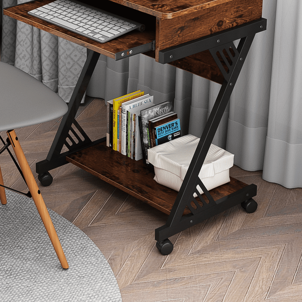 MIN EN WIN 2 Tiers Rolling Computer Desk with Keyboard Tray and Printer Shelf for Home Office, Mobile Computer Desk for Small Space, Retro Computer Table Compact PC Laptop Workstation, Rustic Brown