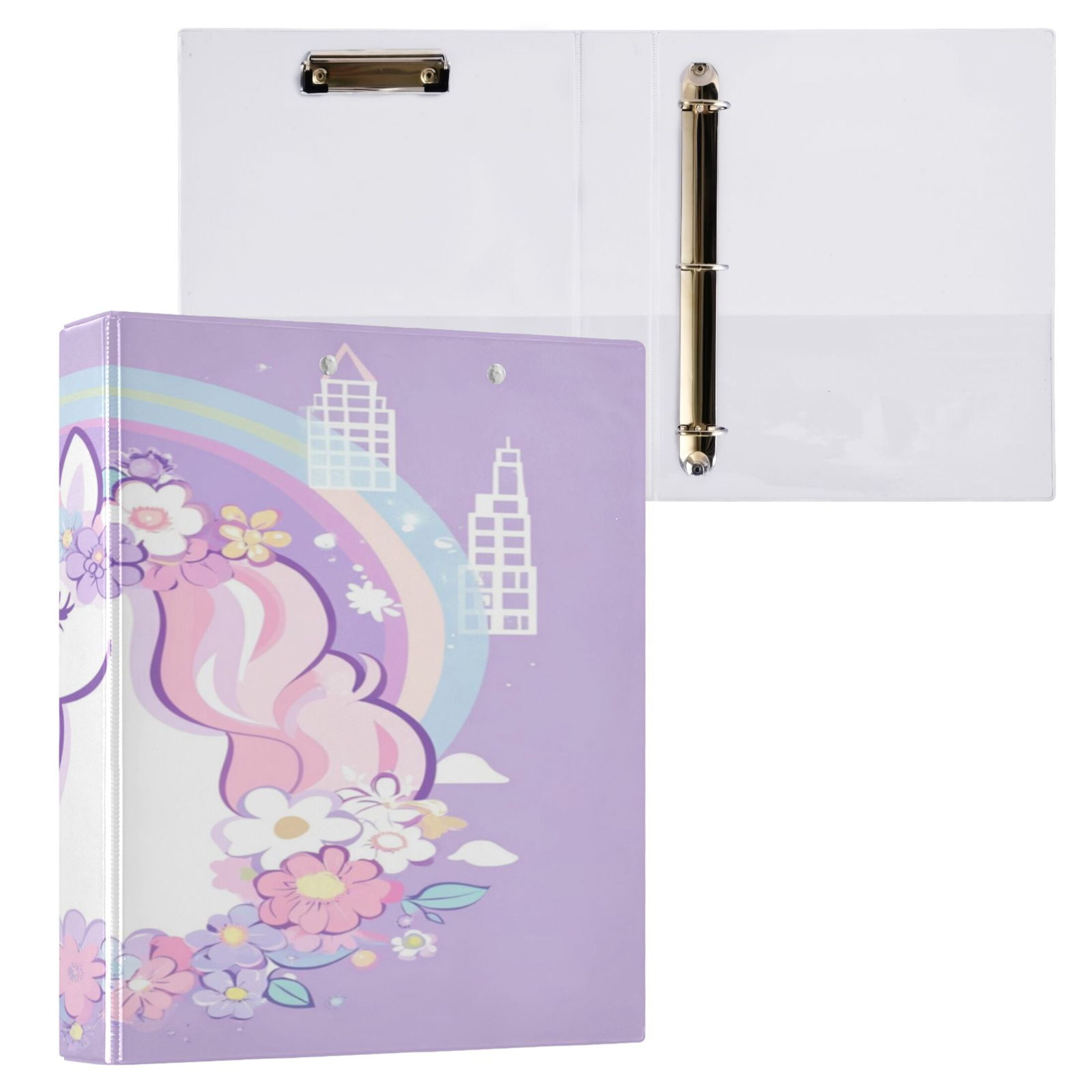 WOBOGO Cute Unicorn Purple Pattern File Folders Extra Large Capacity to Hold 200 Sheets of Documents Hard Shell Ring Binder for School Home Office